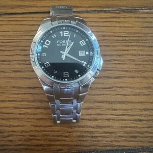 Fossil Black Dial Silver Band Watch
